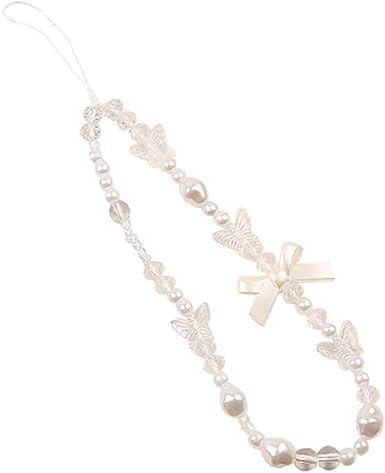 White Mobile Phone Lanyard, Universal Phone Chain with Black Bow and White Pearl Beads, Anti-Lost Strap
