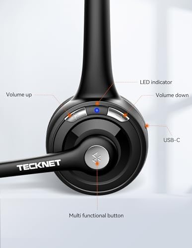TECKNET Wireless Headset, Bluetooth Headphones with Noise Cancelling Microphone, Hands-Free for Cellphone/PC/Home