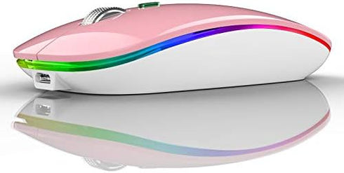 TENMOS Wireless Bluetooth Mouse, LED Slim Dual Mode Rechargeable Silent Mouse with Type C Adapter (Pink)