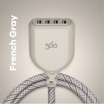 360 Electrical Habitat 4.8, 6 ft 4-Port USB Extension Cord, Durable Braided Casing, French Grey, 4.8A USB Charger