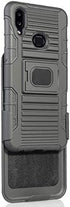 Case with Clip for Galaxy A10s, Nakedcellphone Black Rugged Cover with Finger Grip Stand, Built-in Mounting Plate, Belt