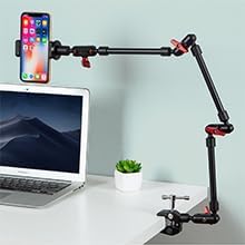 Adjustable Articulating Magic Arm with Clamp and Phone Holder Clip for Desk Mount, Cell Phone Tripod