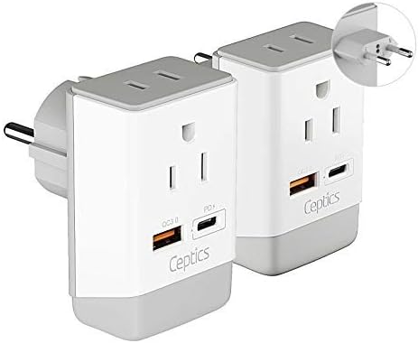 Ceptics European Travel Plug Adapter with Schuko QC 3.0 & PD Safe Dual USB & USB-C - 2 USA Socket - Compact & Powerful