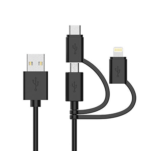 Apple MFI Certified 3-in-1 Cable, Lightning/Type C/Micro USB for iPhone, iPad, Samsung Galaxy, 3FT Black