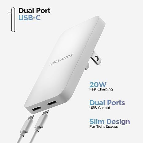 Flat 2-Port USB C Wall Charger, Ultra Slim Dual Power Adapter with Type-C Cable (20W) for Fast Charging iPhone 15, Pro