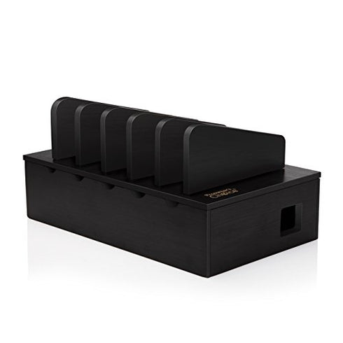 Prosumer's Choice Black Family Charging Station, 5 Device Organizer Charger for Smartphones and Tablets, Wooden Rack