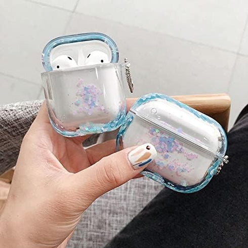 UnnFiko Bling Quicksand Case for AirPods 1 & 2 - Cute Sparkle Liquid Protective Case with Keychain (Blue)