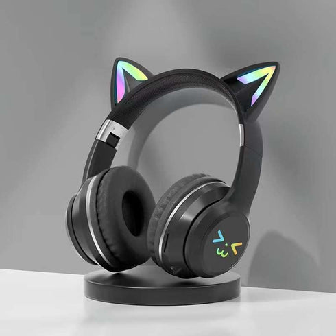 Black Wireless Cat Ear Earphones, Bluetooth 5.0, for Mobile Phones & Tablets, Perfect for Video Gaming.