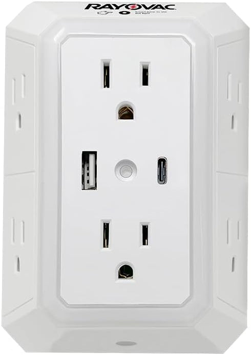 Rayovac Surge Protector with Night Light, 6 Outlets & 2 USB Ports A and USB C, ETL Certified Adapter for Home, School,