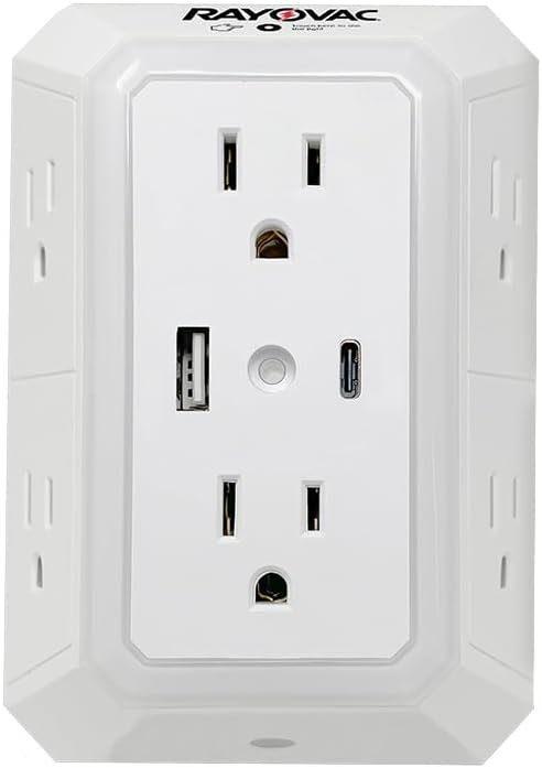 Rayovac Surge Protector with Night Light, 6 Outlets & 2 USB Ports A and USB C, ETL Certified Adapter for Home, School,