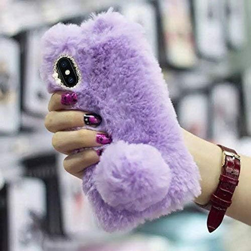 iPhone 11 Case (Light Purple) - Cute Luxury Bling Diamond Soft Warm Fluffy Rabbit Fur Cover with Crystal Bowknot