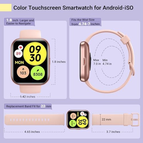 Smartwatch for Women, 1.8'' Fitness Tracker with Alexa, Call Alerts, Heart Rate Monitor, 120 Sports Modes