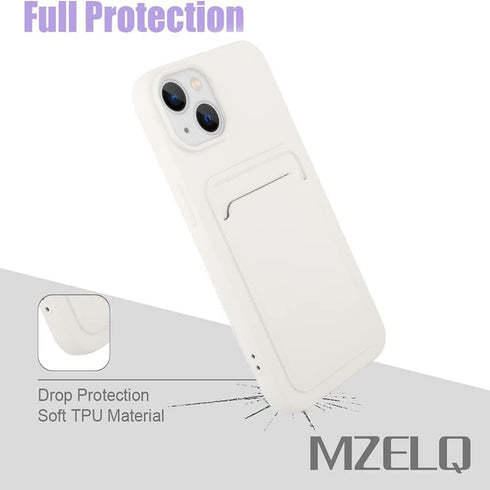 MZELQ Silicone Wallet Case for iPhone 14, Card Holder Camera Protection Cover + Screen Protector, White