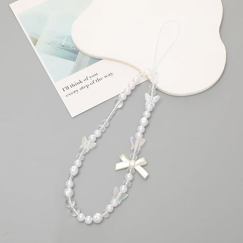 White Mobile Phone Lanyard, Universal Phone Chain with Black Bow and White Pearl Beads, Anti-Lost Strap