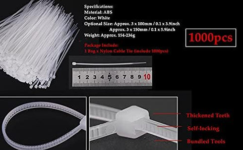 1000 Pcs White Zip Ties, Reusable Small Clear Self-Locking Nylon Cable Ties for Home Office Workshop (3x100mm)