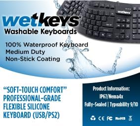 WetKeys Professional-Grade Full-Size Flexible Silicone Washable Keyboard (USB) (PS/2) (Black) | Soft-Touch Comfort