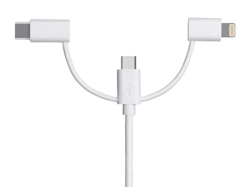 Monoprice 3-in-1 Multiport Charging Cable - USB to USB Micro-B + USB-C + Lightning, 3 Feet, White - Essential Series