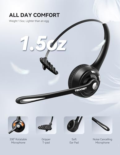 TECKNET Wireless Headset, Bluetooth Headphones with Noise Cancelling Microphone, Hands-Free for Cellphone/PC/Home