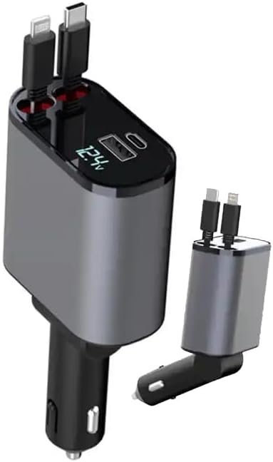 Retractable Phone Charger - Fast Car Charger USB C, 4 in 1 Retractable Car Charger for Apple and Android USB C - Car