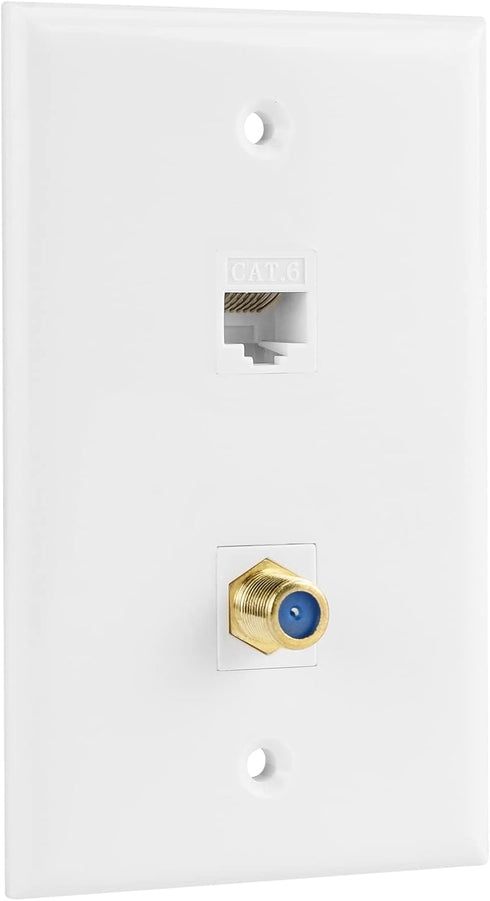 Ethernet Coax Wall Plate, 1 Port Cat 6 RJ45 Keystone and 1 Port TV Coax F Type Keystone