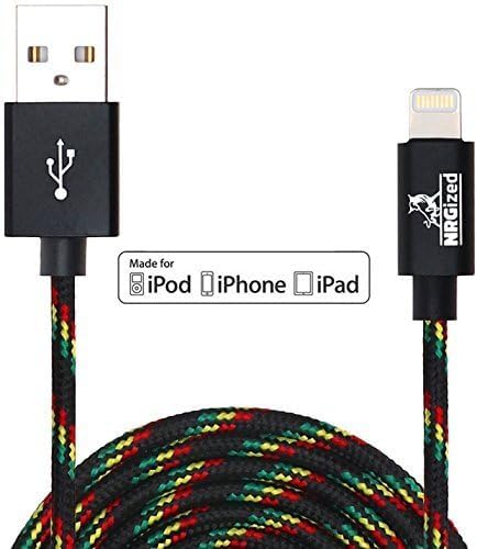 NRGPower Premium 3ft Nylon Braided USB Cable with Lightning Connector, MFi Certified for iPhone, iPad, Rasta