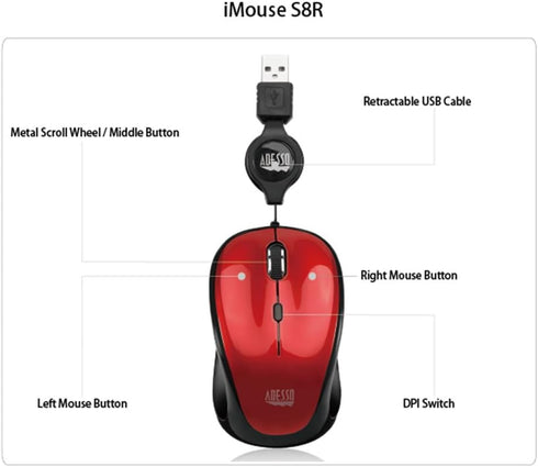 Adesso S8 Ergonomic iMouse - Retractable Optical USB Mouse (Red)