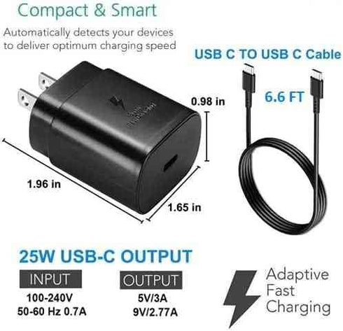 Fast Adaptive Wall Adapter 25W Charger for UrbanX USB C PD Charging Cable 6FT (2 M) - Black (US Version with Warranty)