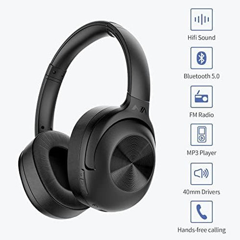 FM Radio Over Ear Headphones: Micro SD Card Wireless and Wired Headset with 30 Hrs Playtime, Lightweight