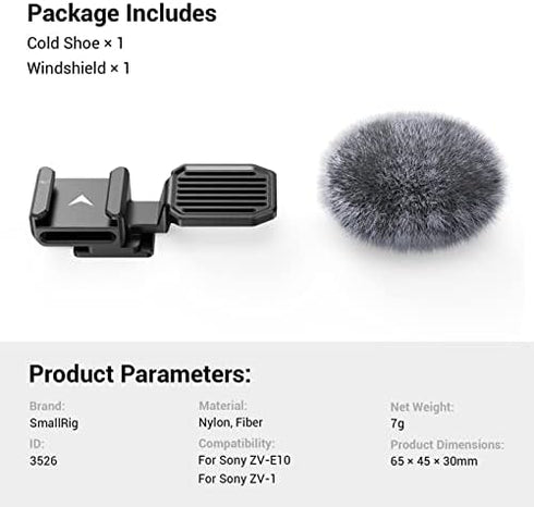 SmallRig Cold Shoe Adapter with Windshield for Sony ZV-1 II/ZV-1/ZV-1F/ZV-E1/ZV-E10-3526