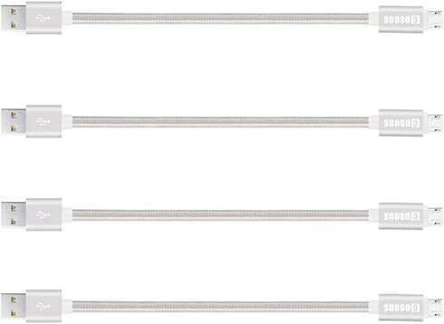 COSOOS Short Micro USB Cable, 4 Pack 9 Inch Nylon Charging and Syncing Cords for Samsung, Android Smartphones (Silver,