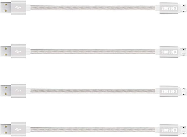 COSOOS Short Micro USB Cable, 4 Pack 9 Inch Nylon Charging and Syncing Cords for Samsung, Android Smartphones (Silver,
