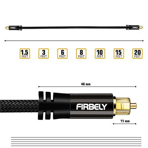 FIRBELY 8 Digital Toslink Cable Optical Audio Cable-S/PDIF Fiber Optic with Metal Connectors Braided Jacket Black Cable