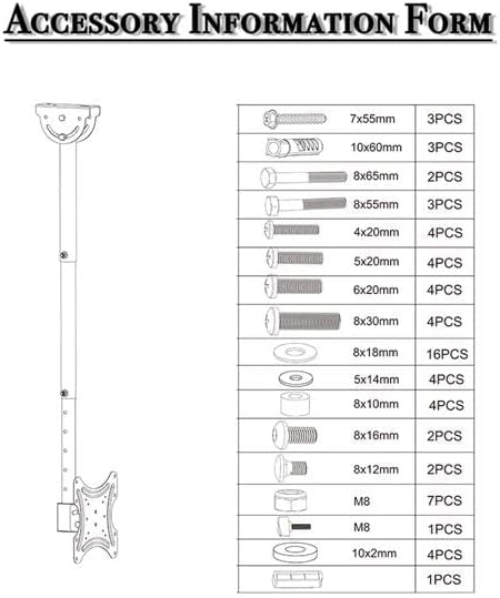 Generic Mount,360 (-15/+5), 32-55 Inch 75x75 200x200mm, Commercial Ceiling TV Swivel & Tilt Height Adjustable