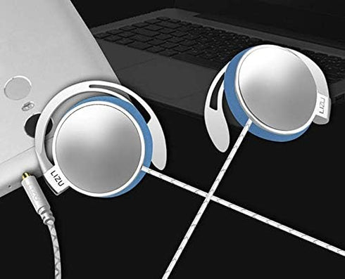 Clip On Earphones Over Ear Running Stereophone Headphones for Workout Exercise Gym Compatible for iPhone, Android Mobile Phone, with Microphone and Call Controller Stereo Earphones (White)