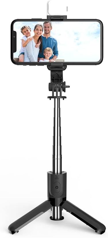 KOMI Selfie Stick Tripod with Fill Light, Stable Stand with Detachable Bluetooth Remote for iPhone and GoPro