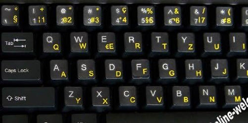 Swiss French German Keyboard Stickers, Yellow Letters on Transparent Background for Any Laptop PC Notebook