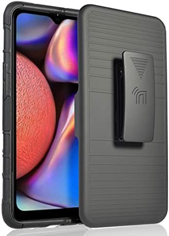 Case with Clip for Galaxy A10s, Nakedcellphone Black Rugged Cover with Finger Grip Stand, Built-in Mounting Plate, Belt