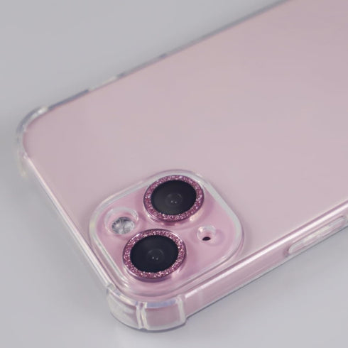 Bling Glitter Metal Crystal Camera Lens Protector for iPhone 15/15 Plus - Sparkly Pink Tempered Glass Accessory.