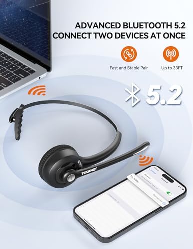 TECKNET Wireless Headset, Bluetooth Headphones with Noise Cancelling Microphone, Hands-Free for Cellphone/PC/Home