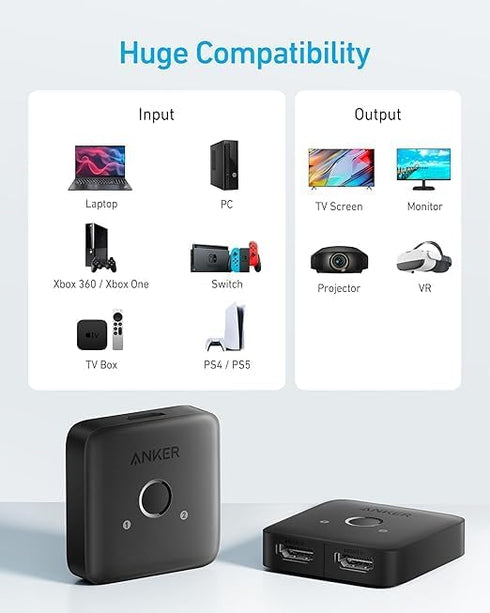 Anker 4K@60Hz 2 1 3D, Dolby, PS5 PS4, HDMI Switch, HDMI Switcher, in Out with Smooth Finish, Supports HDR, Compatible
