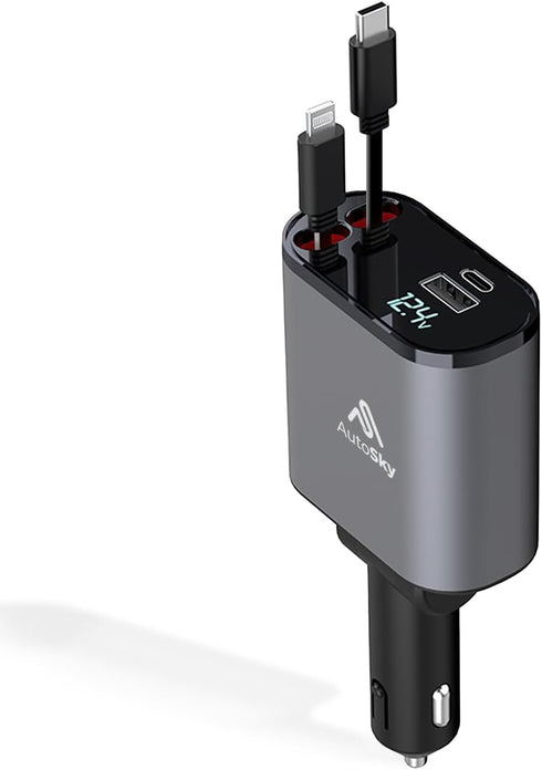 AutoSky 4 in 1 Retractable Car Charger - 100W USB C & iPhone Cable, Fast Charger with USB-C, USB-A Ports for iPhone,