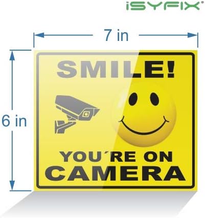 iSYFIX Smile You're On Camera Stickers for Home - 4 Pack 7x6 Inch Decals for Inside the Window or Glass, Security