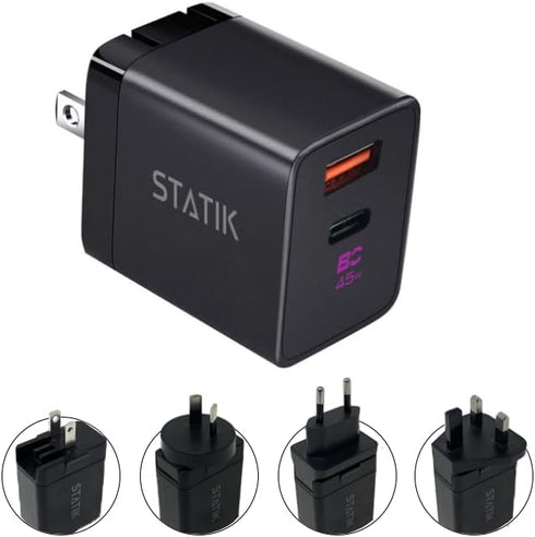 STATIK Fast-Charging GaN Power Adapter - 45W Dual USB C & USB, Foldable Compact Travel Charger for iPhone, iPad,