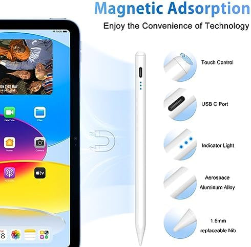 Stylus Pen for iPad, 5min Fast Charge Pencil for iPad/Pro/Air/Mini 2018-2024, Tilt Sensitive, Palm Rejection, Magnetic