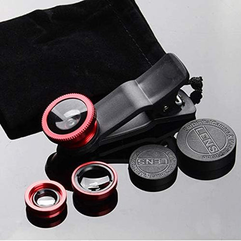 3 in 1 Cell Phone Camera Lens Kit, Universal Wide Angle Macro Fisheye Lens for Smart Phones iPhone Samsung Android (Red)