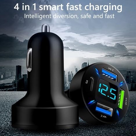 RDRKR 66W USB C Car Charger, 4-Port Cigarette Lighter Adapter, QC 3.0, PD, 2.4 A for Android/iPhone/Tablets