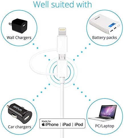 Apple MFi Certified 2 in 1 Charger Cable, 3 FT Lightning & Micro USB, Compatible with iPhone X, 8, 7 Plus, Android.
