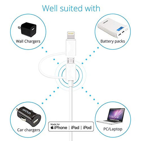 Apple MFi Certified 2 in 1 Lightning & Micro USB Charger Cable, 6FT, Compatible with iPhone X, 8, 7 Plus, Android.
