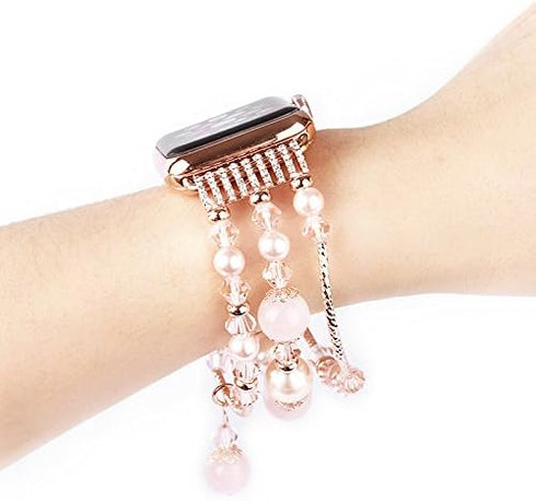 GEMEK Compatible Apple Watch Band 38/40/41mm, Rose Gold Women Pearl Bracelet Strap (Pink)