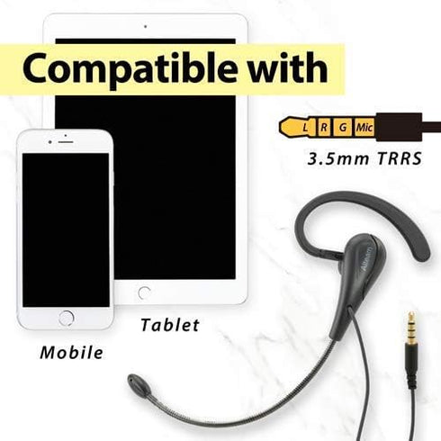 Wired Mono Single Headset Earphone with Bendable Boom Arm Mic, Adjustable Ear Angle, 15mm Driver, 3.5mm TRRS Plug